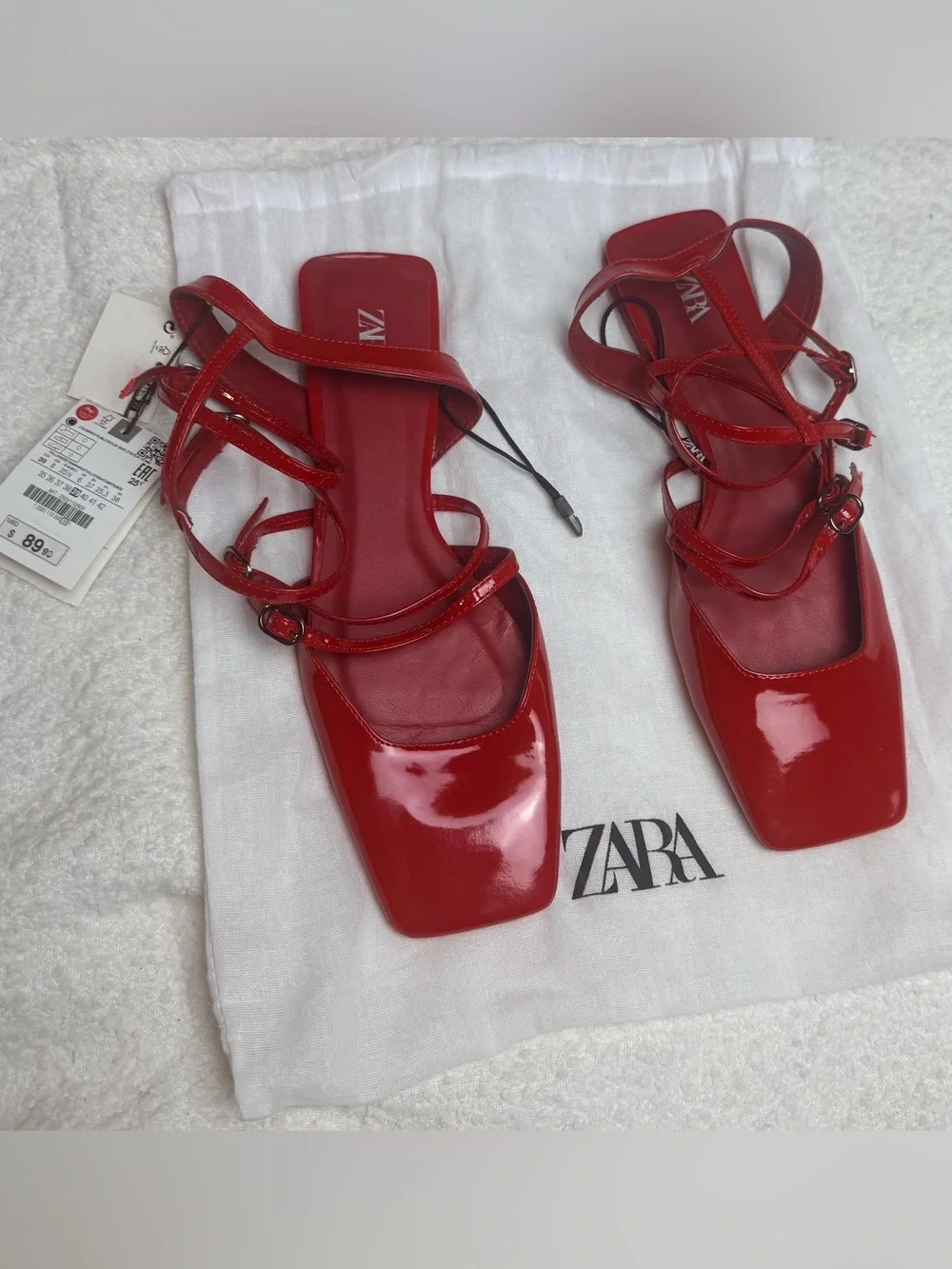 Zara Red Patent square-Strap Ankle Tie Flats